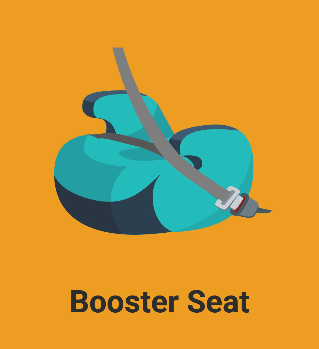 Teal and dark blue booster seat with gray seatbelt strap labeled "BOOSTER SEAT"