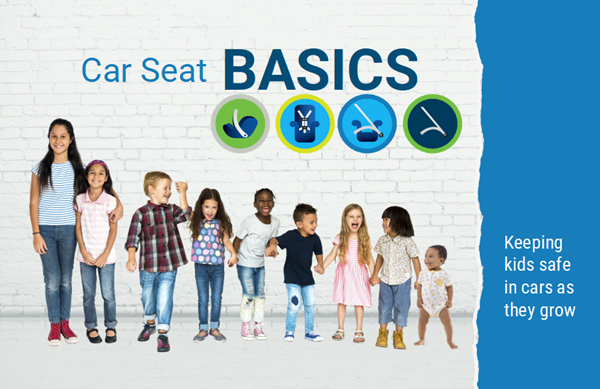 An adult and diverse children of different ages stand beneath “Car Seat Basics,” with four safety icons and a message about keeping kids safe as they grow.